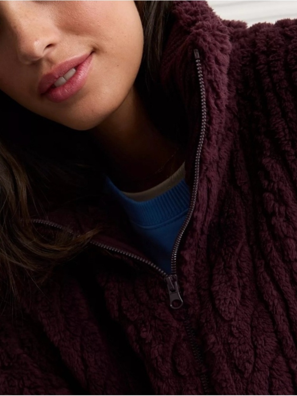 American Eagle Cable Sherpa Full Zip-Up Sweatshirt in Burgundy - Picture 7 of 10